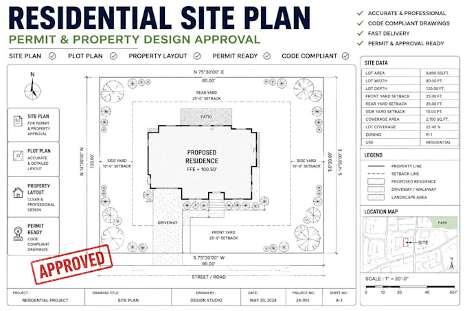 create residential site plan, plot plan for permit and property design approval