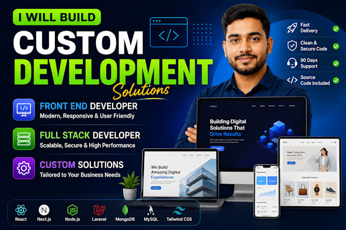 build custom website development, front end developer, full stack developer