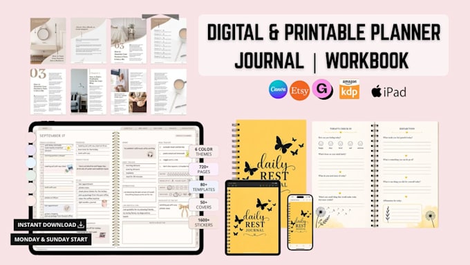 design kdp journal, hyperlinked etsy digital planner, canva workbook, journal