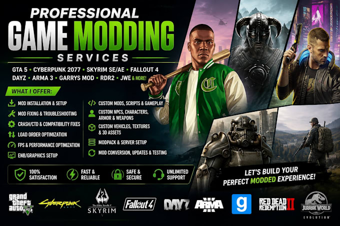 create, fix, install cyberpunk 2077 skyrim se ae mods gmod fallout4 rdr2 gta v