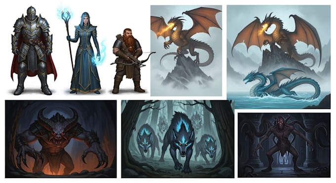 draw concept art for characters, dragons and monsters