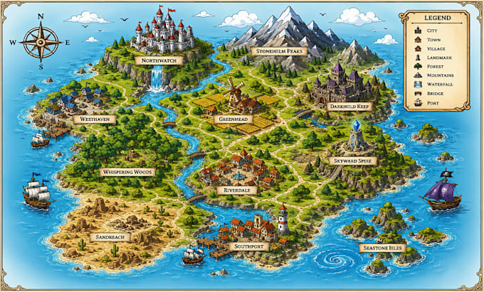 do hand draw illustrated map, vector map, fantasy game map design site map plan