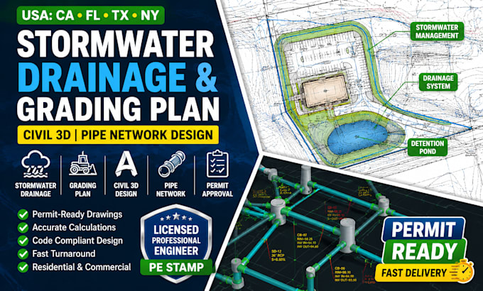 usa ca, fl, tx, ny design storm water drainage, grading, civil 3d, pipe network