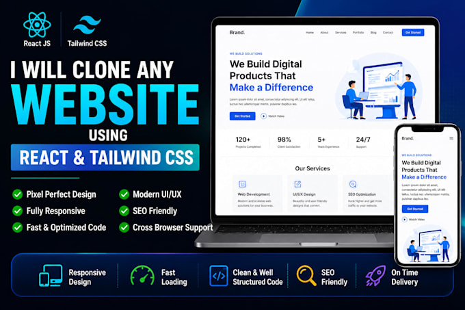 clone any website or landing page using react and tailwind CSS