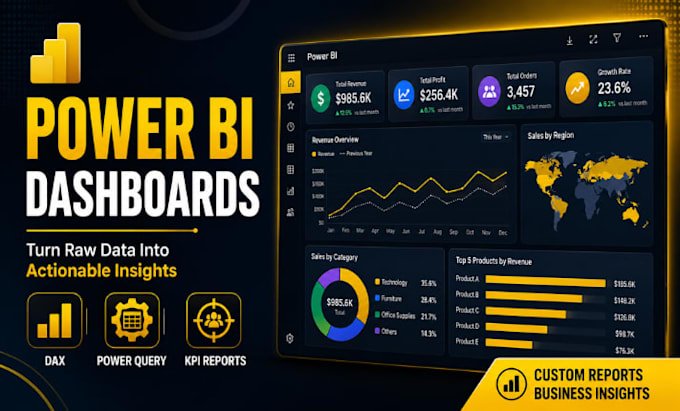 create power bi dashboards, dax, power query, excel reports, data visualization