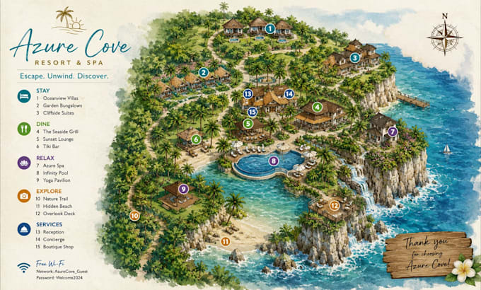create resort map, hotel map, vacation map, guide map, tropical destination map