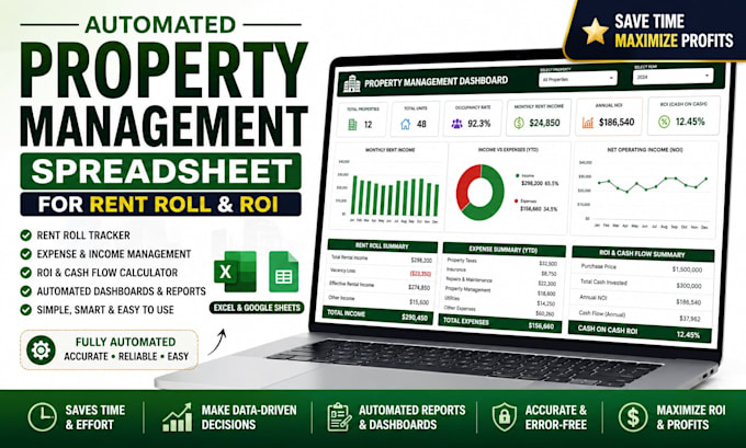 create an automated property management spreadsheet for rent roll and ROI