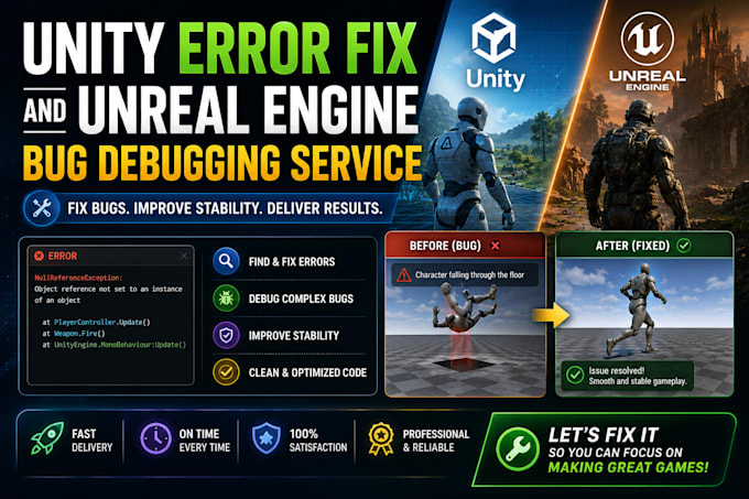 do unity error fix and unreal engine bug debugging service