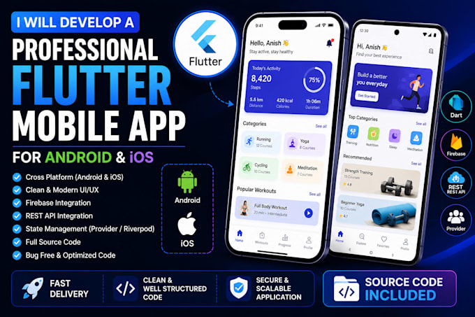 develop a professional flutter mobile app for android and ios