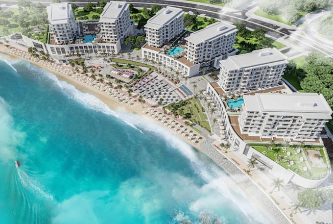 develop masterplan waterfront from 2d site layout,visualize cgi commercial beach