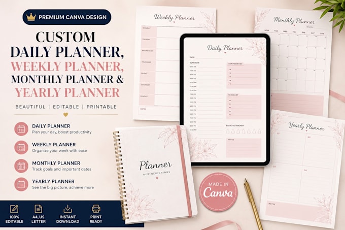 design custom daily planner, weekly planner, monthly planner and yearly planner