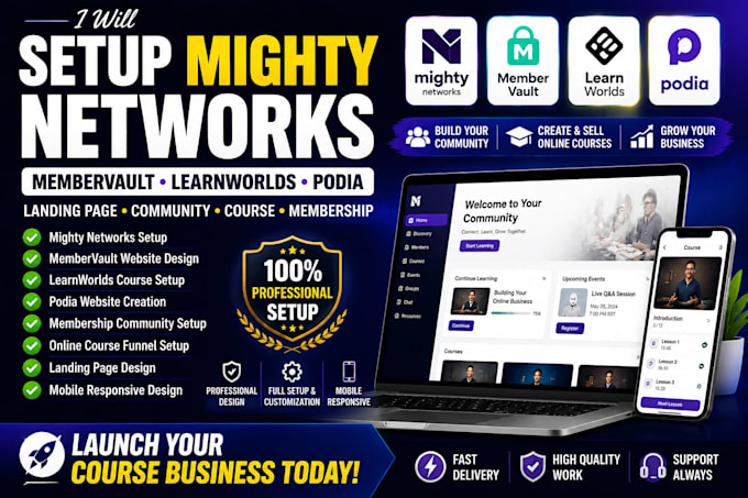 setup mighty networks landing page, membervault, learnworlds, podia website