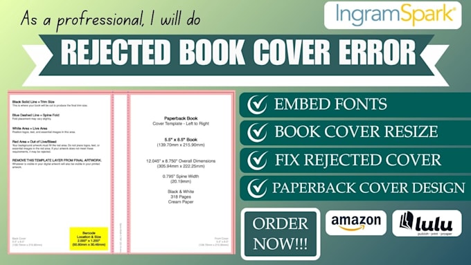 resize, fix book cover design error for amazon kdp, ingramspark