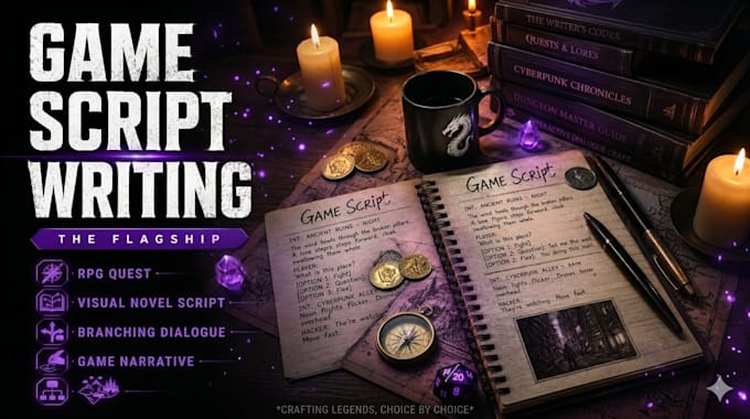 write your rpg quest, visual novel script, branching dialogue, game narrative