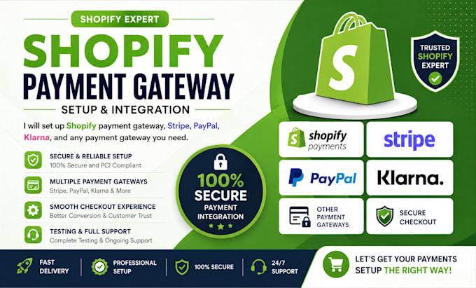 set up shopify payment gateway, stripe, paypal, klarna, secure checkout payment