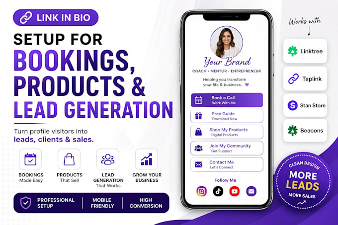 setup link in bio page for bookings, products, lead generation