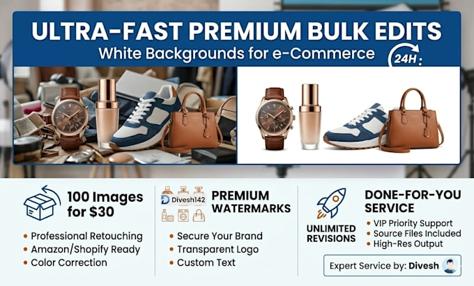 do bulk photo background removal and add watermark professionally
