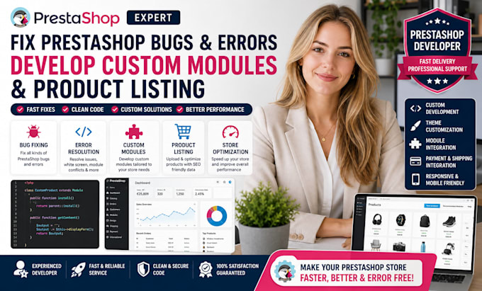 fix prestashop bugs errors and develop custom modules, product listing