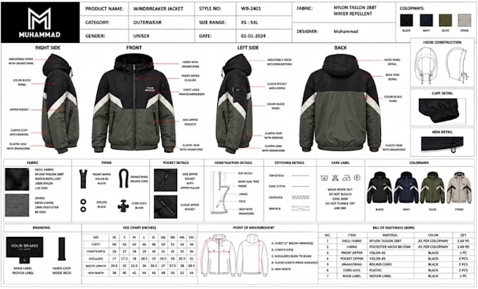 design windbreaker jacket tech pack cad flat sketch for manufacturing