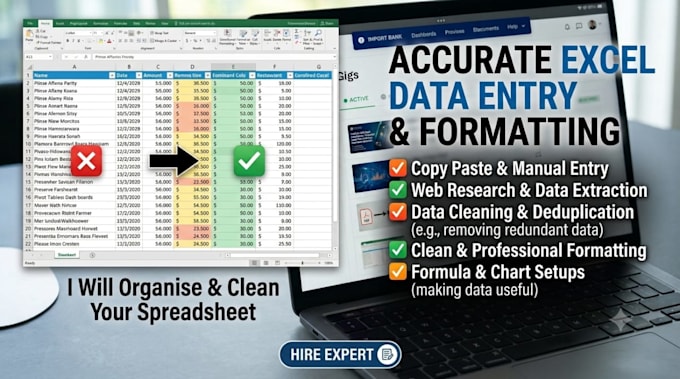 do accurate excel data entry, data cleaning, and formating