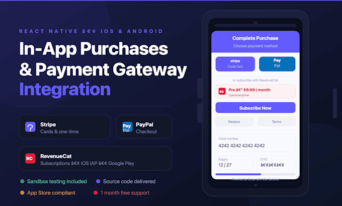 integrate in app purchases stripe and paypal payment gateway in react native