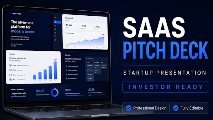 design saas pitch deck, tech startup deck and software presentation design