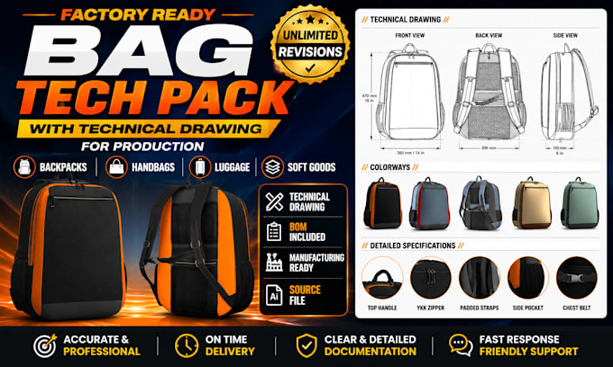 create soft goods bag tech pack with technical drawing for production backpack