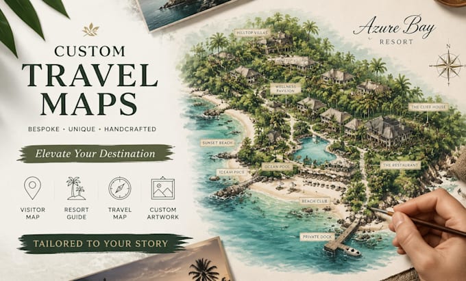 create visitor map, bespoke travel map, luxury resort guide, custom artwork