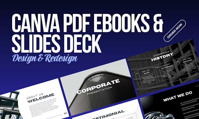 design canva PDF ebooks, canva redesign, workbooks, company presentation slides