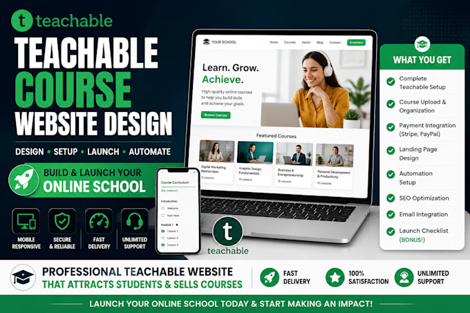 setup teachable course, teachable website design teachable online course website