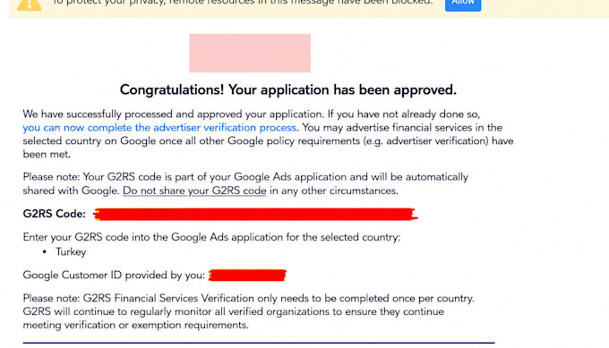 help with google financial services g2 verification