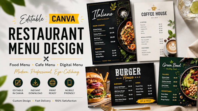 design canva editable restaurant, menu food menu and digital menu