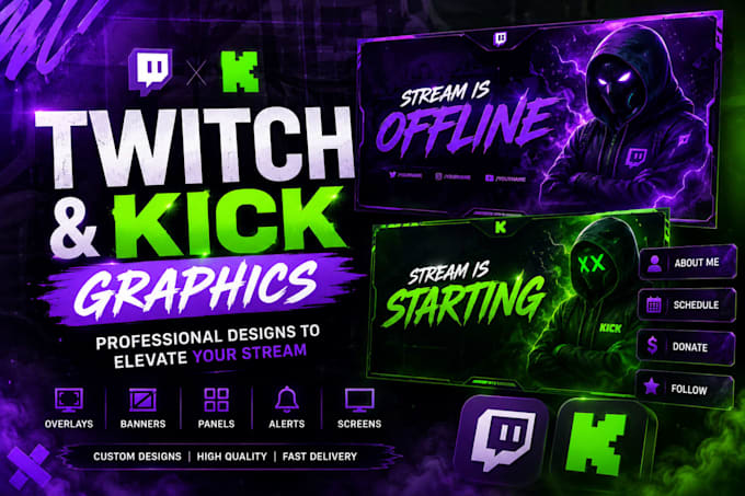 create twitch and kick graphics overlays banners logo and emotes