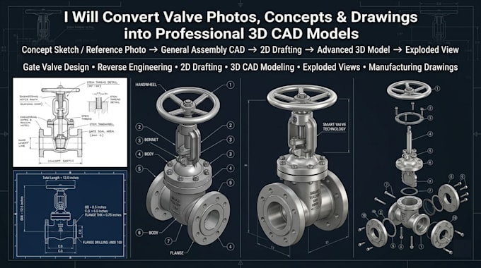 create professional gate valve 3d cad models and engineering drawings