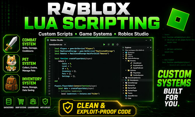 create custom roblox scripts, game systems, and lua scripting in roblox studio