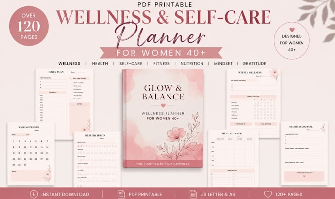 design editable canva wellness planner, self care journal and wellness tracker
