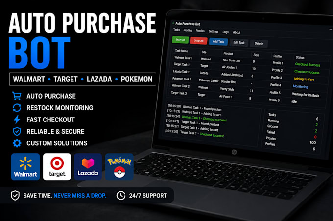 do auto purchase bot, pokemon bot, target bot, lazada bot walmart bot