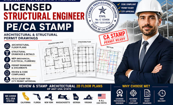 licensed pe ca stamp architectural structural permit drawings USA