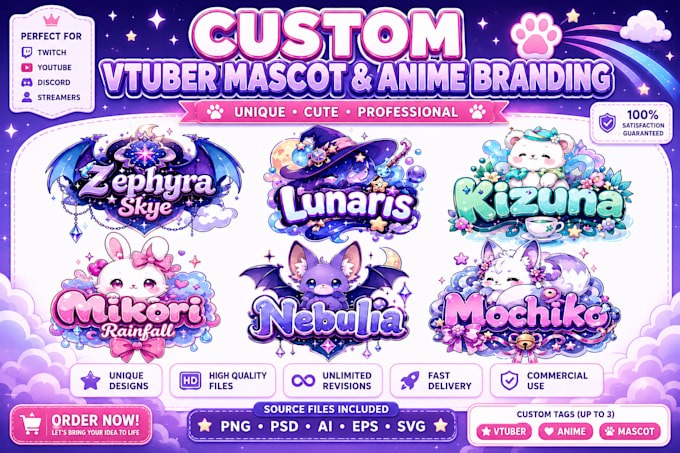 design custom vtuber logo, anime mascot and twitch branding