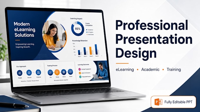 design elearning presentation, academic presentation slides and training deck