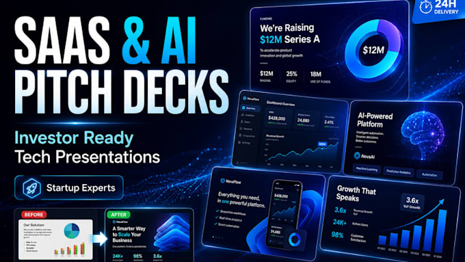 create tech presentation, saas pitch deck, app presentation and  ai startup deck