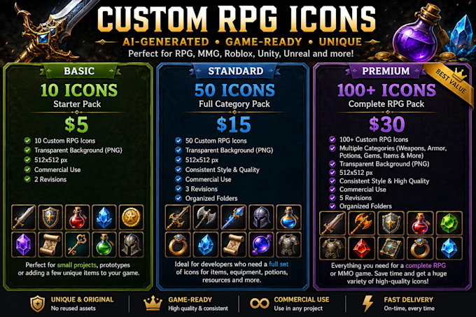 create professional game UI icons, inventory items, currencies, and assets