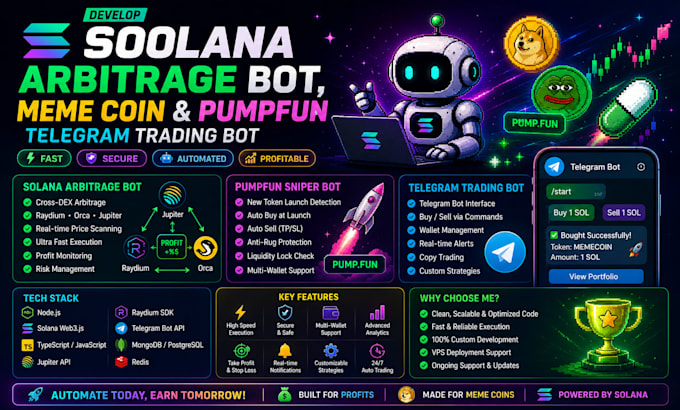 develop a solana arbitrage bot, meme coin and pumpfun telegram trading bot