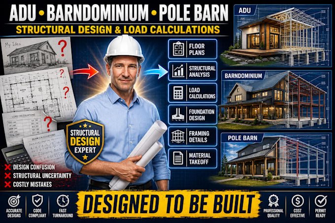 design adu, barndominium, pole barn house plan with structural load calculation