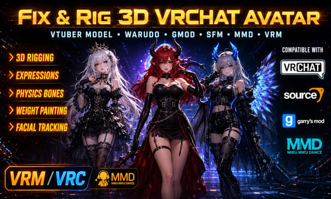 fix and rig 3d vrchat avatar, vtuber model, warudo, gmod, sfm, mmd, vrm model