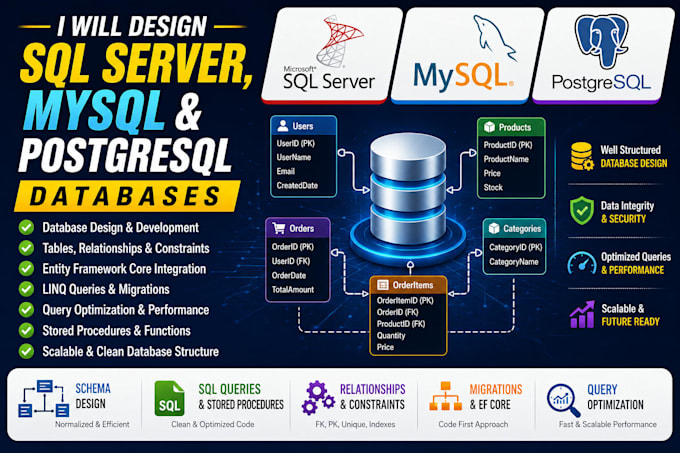 design postgresql, mysql and sql server databases