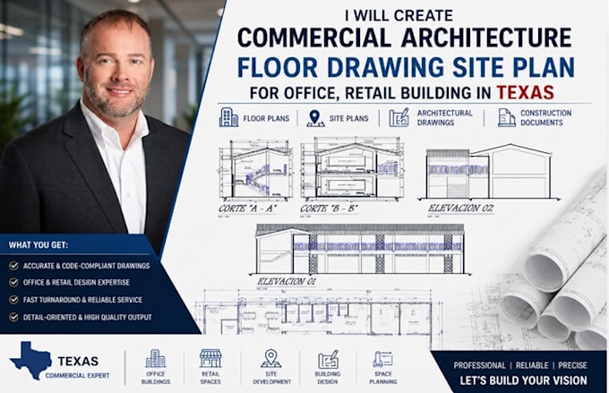 create commercial architecture floor plan, site plan for office, retail building