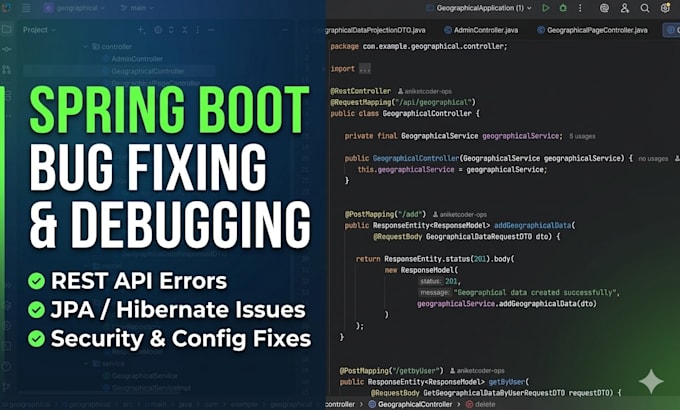 debug and fix java spring boot api and backend bugs