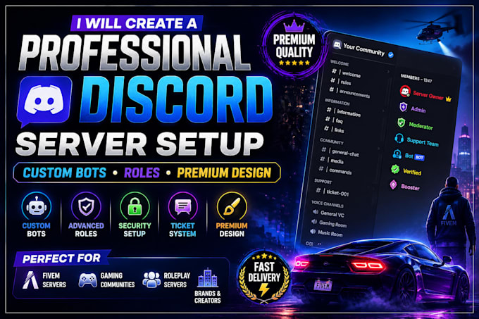create a professional discord server setup with custom bots roles premium design