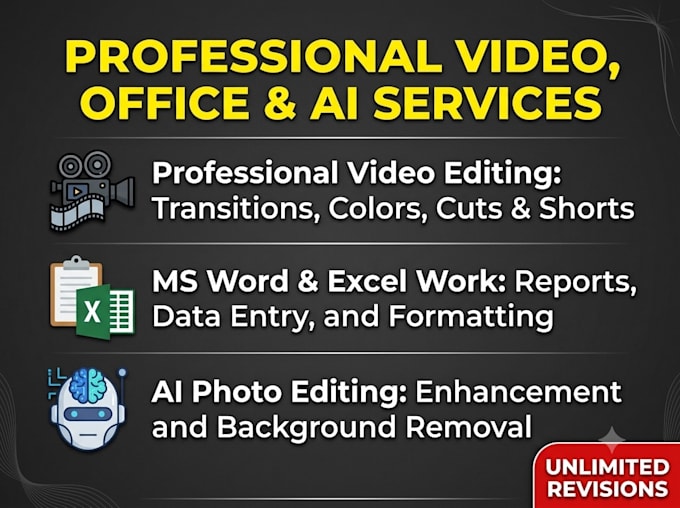 do ms word, excel, video editing and ai photo editing
